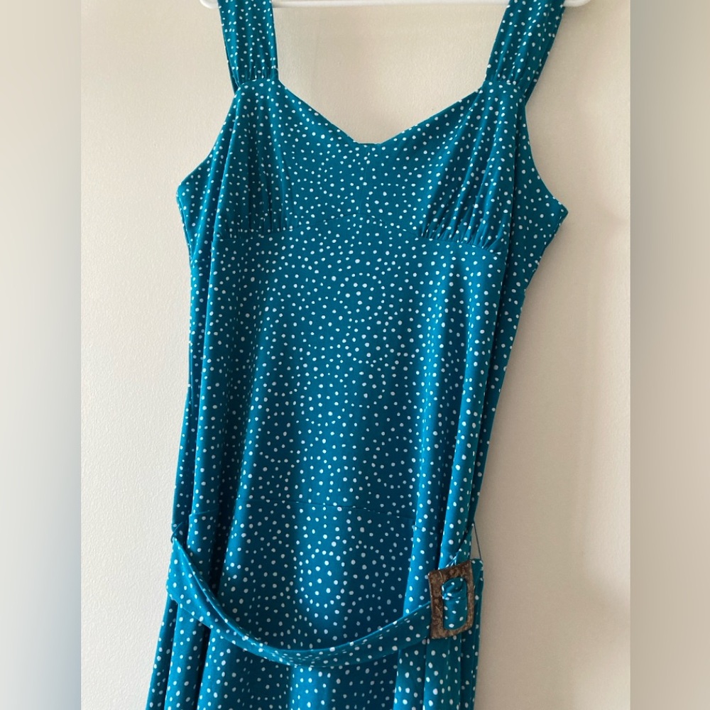 Chadwick of Boston Teal/White Polka Dot Sleeveless Belted Sundress, size M